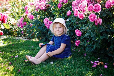 Çiçek açan gül bahçesinde küçük bir kızın portresi. Yaz güneşli bir günde parkta güllerle ve çiçeklerle eğlenen sevimli güzel bir çocuk. Mutlu gülümseyen bebek