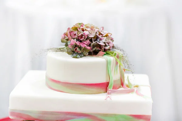 Bolo de casamento em branco, verde e rosa — Fotografia de Stock