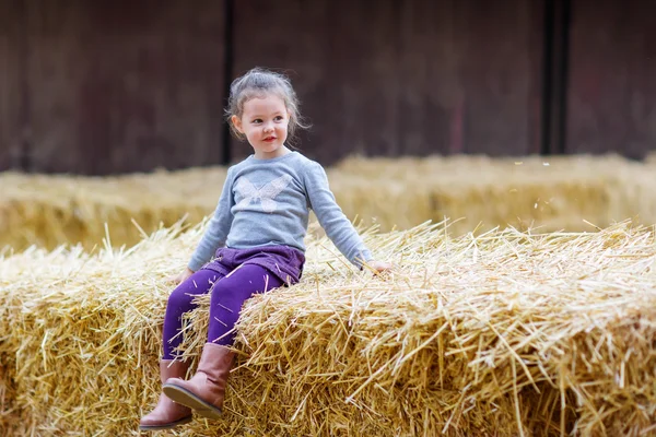Menina feliz se divertindo com feno em uma fazenda — Fotografia de Stock