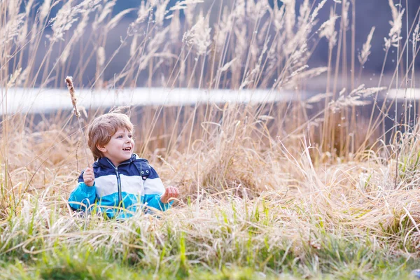 Little boy having fun with bulrush near forest lake — Stock Photo, Image