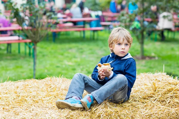 Adorable blond kid chłopiec jedzenie hot doga na zewnątrz — Zdjęcie stockowe