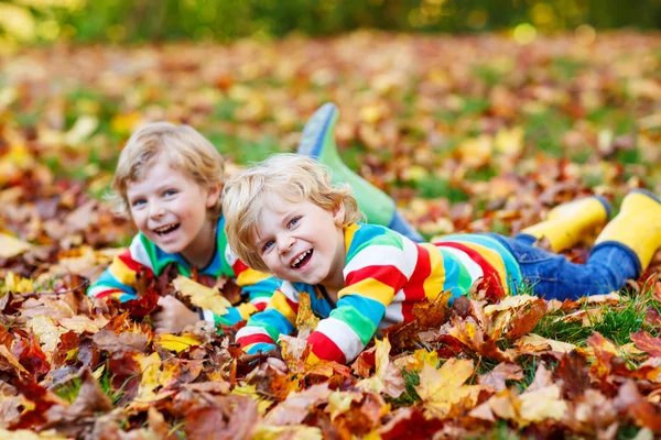 Dwa małe dziecko chłopców r. liści jesienią w kolorowe ubrania — Zdjęcie stockowe