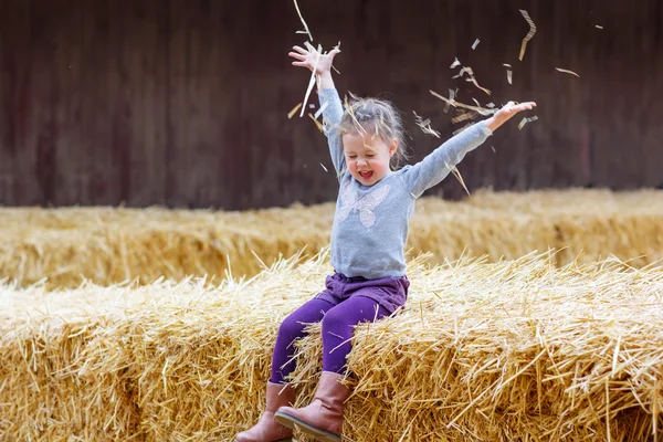 Menina feliz se divertindo com feno em uma fazenda — Fotografia de Stock