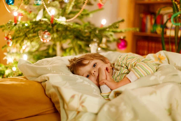 Weinig schattige blonde jongen slapen onder kerstboom — Stockfoto