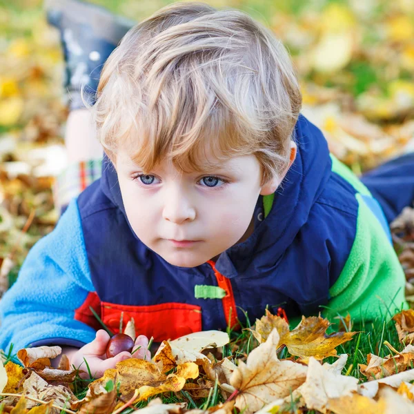 Carino ragazzo avendo divertente in autunno parco — Foto Stock