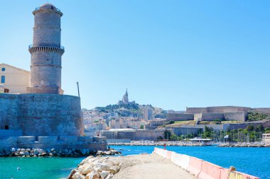 view on old port and basilica in Marseille, France
