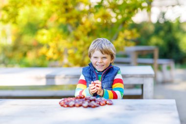 kestane sonbahar Park ile oynayan küçük sarışın çocuk.