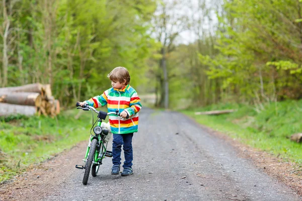 Little kid boy riding on a bike in forest — Stockfoto