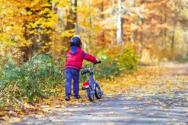 Küçük çocuk çocuk sonbahar ormandaki bisiklet ile