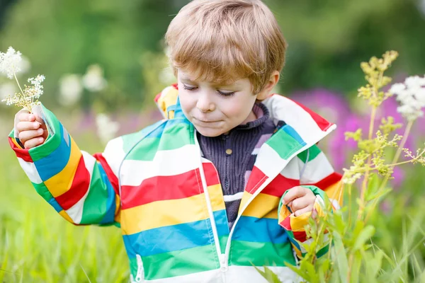 Little blond boy with lot of wild flowers — Stock Photo, Image