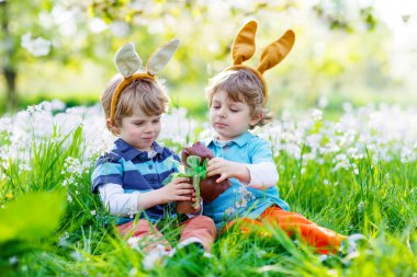 Paskalya çikolata bunny açık havada ile oynayan iki küçük çocuklar