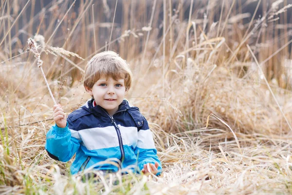 Petit garçon s'amuser avec le scirpe près du lac de la forêt — Photo