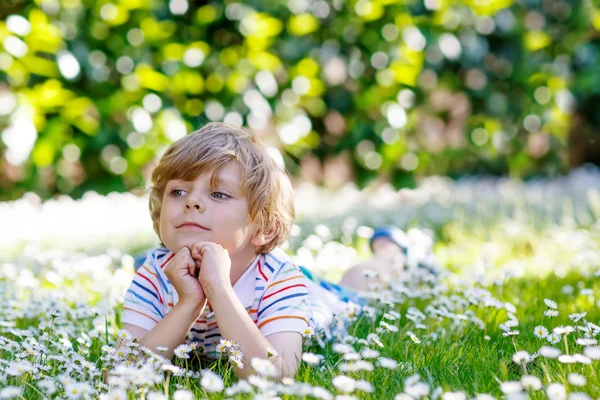Adorable kid boy laying on green grass in summer — Stock Fotó