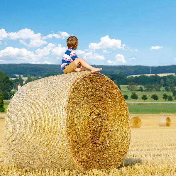 Menino sentado no fardo de feno no verão — Fotografia de Stock