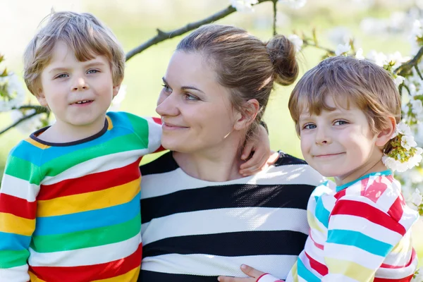 Jonge moeder en twee kleine tweeling jongens in de bloeiende tuin — Stockfoto