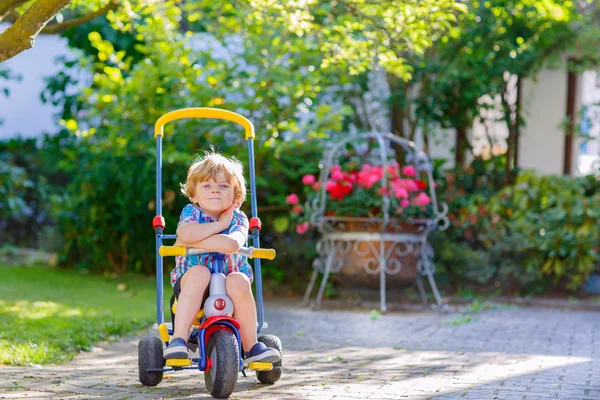 Kid boy driving tricycle or bicycle in garden — Stock Photo, Image