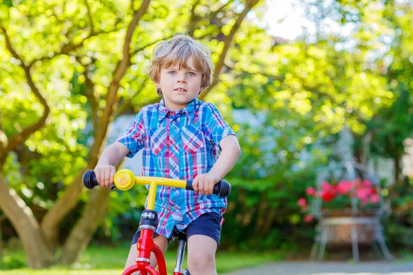 Kid boy driving tricycle or bicycle in garden — Stock Photo, Image