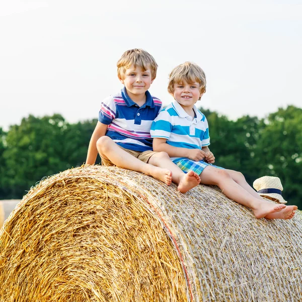 Two little children and friends with hay stack or bale — Stock Photo, Image