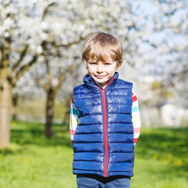 Little blond kid boy having fun on blooming cherry garden — Stock Photo, Image