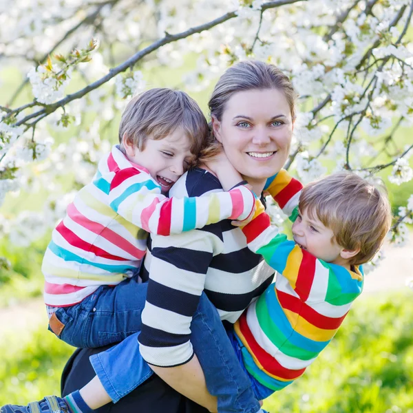 Junge Mutter und zwei kleine Zwillinge Jungen haben Spaß in blühenden ga — Stockfoto