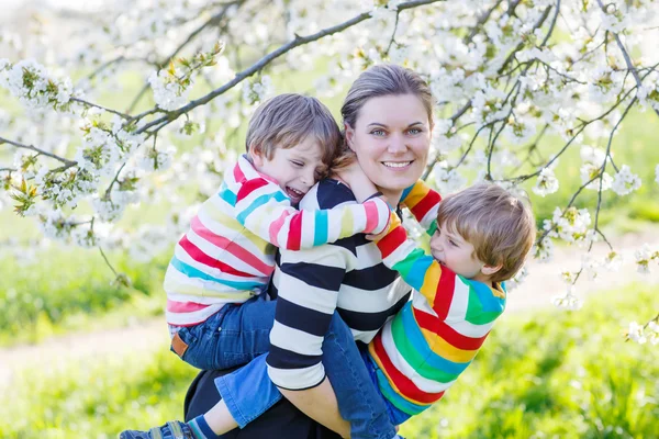 Jonge moeder en twee kleine tweeling jongens met plezier in bloeiende ga — Stockfoto