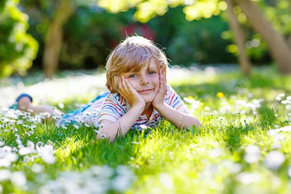 Ragazzo felice posa su erba verde in estate — Foto Stock