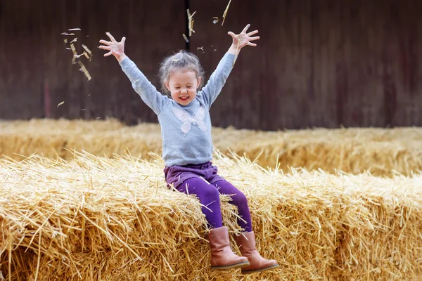 Chica feliz divirtiéndose con heno en una granja —  Fotos de Stock