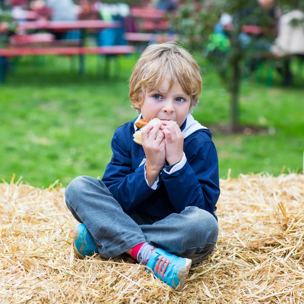 Adorable blond kid boy eating hot dog outdoors — ストック写真