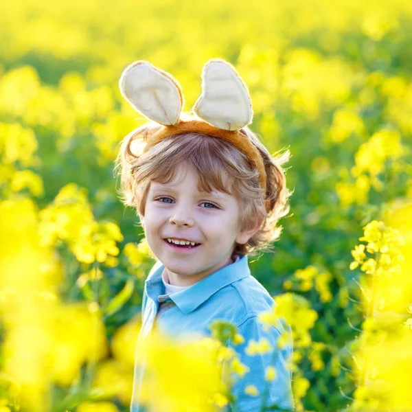 Little kid boy with Easter bunny ears in rape field — Stock fotografie