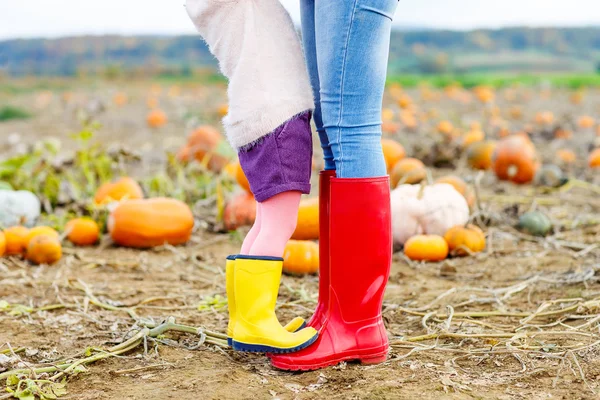 Pernas de mulher jovem e sua filhinha Filha em botas de chuva . — Fotografia de Stock