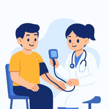 Tıbbi ortamdaki dijital bir cihazla bir doktorun kan basıncını ölçmesinin vektör çizimi.