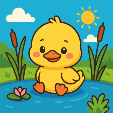 Güneşli bir gökyüzünün altında küçük bir gölette dinlenen sarı ördek yavrusunun parlak ve büyüleyici bir temsili. Kıvrımlı kuyruklar, zambaklar ve canlı yeşillikler. Bu karikatür tarzı sanat eseri kalın hatlar, katı renkler ve temiz bir fla içerir.