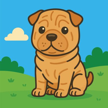 Shar Pei köpeğinin sevimli ve oynak bir tasviri, imzası buruşuk derisi ve sakin ifadesi ile, arka planda mavi gökyüzü olan yeşil bir tepede oturuyor. Bir kawaii karikatür tarzında tasarlandı cesur çizgiler ve düz renkler ile, bu nefret