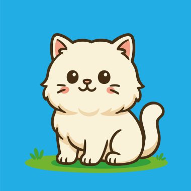 Kawaii tarzı vektör sanatında sevimli beyaz angora kedisi, mavi arka planda yeşil çimlerin üzerinde oturuyor..