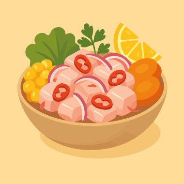 Balık küpleri, kırmızı soğan, kırmızı biber, mısır, tatlı patates, kişniş ve limon gibi taze malzemelerle servis edilen geleneksel Peru ceviche 'sinin renkli vektör çizimi. Düz minimalist bir şekilde tasarlandı, katı renkler ve cl ile.