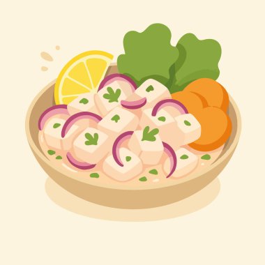 Balık küpleri, kırmızı soğan, kırmızı biber, mısır, tatlı patates, kişniş ve limon gibi taze malzemelerle servis edilen geleneksel Peru ceviche 'sinin renkli vektör çizimi. Düz minimalist bir şekilde tasarlandı, katı renkler ve cl ile.