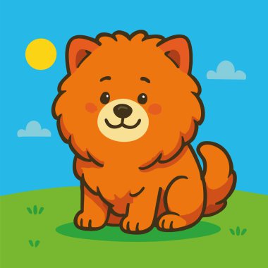 Pofuduk bir Chow Chow köpeğinin, güneşli mavi gökyüzünün altında yeşil çimlerin üzerinde oturmasının çekici vektör çizimi. Bu kawaii tarzı çizgi film cesur taslaklar, sıcak renkler ve anlamlı, arkadaş canlısı bir yüz içeriyor. Çocuk kitaplarında kullanmak için mükemmel, evcil hayvan temalı profesyonel.