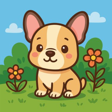 Açık mavi bir gökyüzünün altında çiçeklerle ve çalılarla çevrili çimenli bir arazide oturan karikatür tarzı bir Fransız Bulldog köpeğinin sevimli vektör çizimi. Köpeğin açık tenli ve krem rengi bir ceketi, yuvarlak bir yüzü, büyük dik kulakları ve tatlı bir yüz ifadesi var.