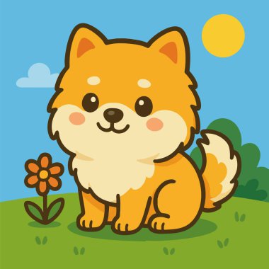 Kawaii tarzında tüylü bir Pomeranya köpeğinin büyüleyici vektör çizimi, güneşli çimenli bir tarlada oturuyor, mavi bir gökyüzü ve etrafında çiçekler var. Tasarım, neşeli bir ifade, yuvarlak şekiller ve düz renkler içeriyor. 