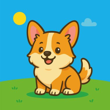 Geniş kulaklı ve mutlu bir ifadeyle parlak güneşli bir gökyüzünün altında yeşil bir alanda oturan Galli bir Corgi köpeğinin büyüleyici vektör çizimi. Bir kawaii karikatür tarzında dizayn edildi. Katı renkler, pürüzsüz çizgiler ve oyuncu bir estetik. Bu resim Ppe.