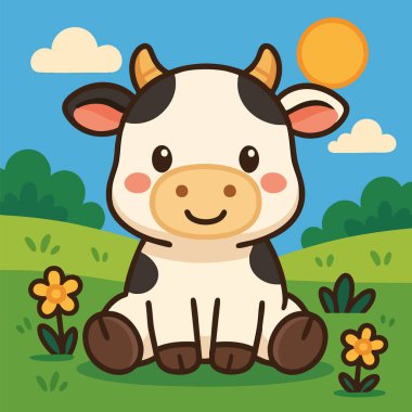 Siyah beyaz benekleri olan sevimli kawaii ineği, güneşli yeşil bir çayırda mutlu mesut oturuyor..