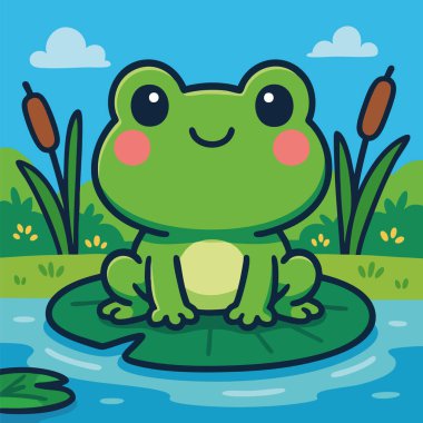 Şirin kawaii kurbağası, bir göldeki nilüfer yaprağının üzerinde oturuyor. Etrafı bitkiler ve tırtıllarla çevrili..