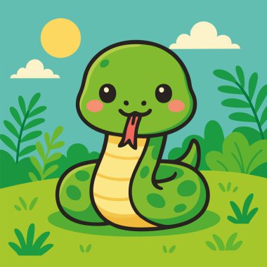 Sevimli kawaii yeşil yılanı, gülen yüzlü, doğa arka planında oturuyor..
