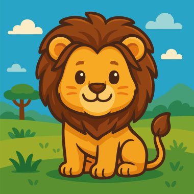 Kawaii tarzı vektör sanatında sevimli erkek aslan, arka planda ağaçlar ve savanayla çimlerin üzerinde oturuyor..