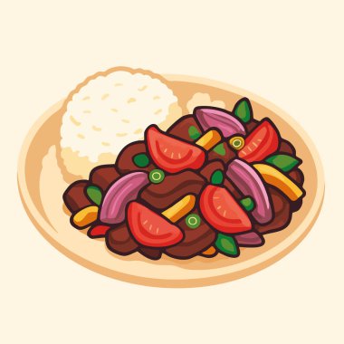 Lomo Saltado 'nun renkli vektör çizimi, sığır eti, soğan, domates ve patates kızartması ile yapılan geleneksel Peru kızartma tabağı, pirinçle servis ediliyor. Bu sanat eseri Peru mutfağını ve kültürünü canlı ve iştah açıcı bir tasarımla kutluyor..