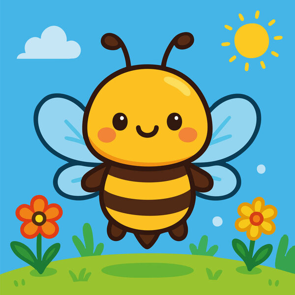 Charming vector illustration of a smiling cartoon bee with blue wings, rosy cheeks, and black stripes, hovering over a grassy landscape with colorful flowers, under a bright sunny sky. The flat design style, clean lines, and cheerful color palette ma