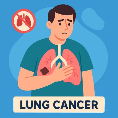 Tümör, doktor, sigara ve farkındalık kurdeleli akciğerlerin düz tıbbi çizimi. Sağlık kampanyaları, tarama, eğitim ve sigara içilmemesi için ideal.