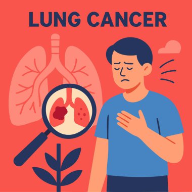 Tümör, doktor, sigara ve farkındalık kurdeleli akciğerlerin düz tıbbi çizimi. Sağlık kampanyaları, tarama, eğitim ve sigara içilmemesi için ideal.