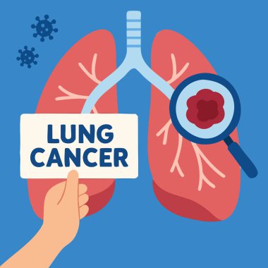 Tümör, doktor, sigara ve farkındalık kurdeleli akciğerlerin düz tıbbi çizimi. Sağlık kampanyaları, tarama, eğitim ve sigara içilmemesi için ideal.