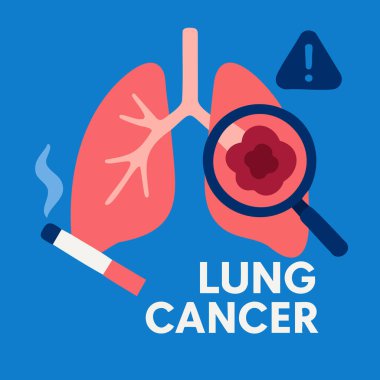 Tümör, doktor, sigara ve farkındalık kurdeleli akciğerlerin düz tıbbi çizimi. Sağlık kampanyaları, tarama, eğitim ve sigara içilmemesi için ideal.